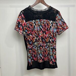 French Connection multi color chiffon black lace top